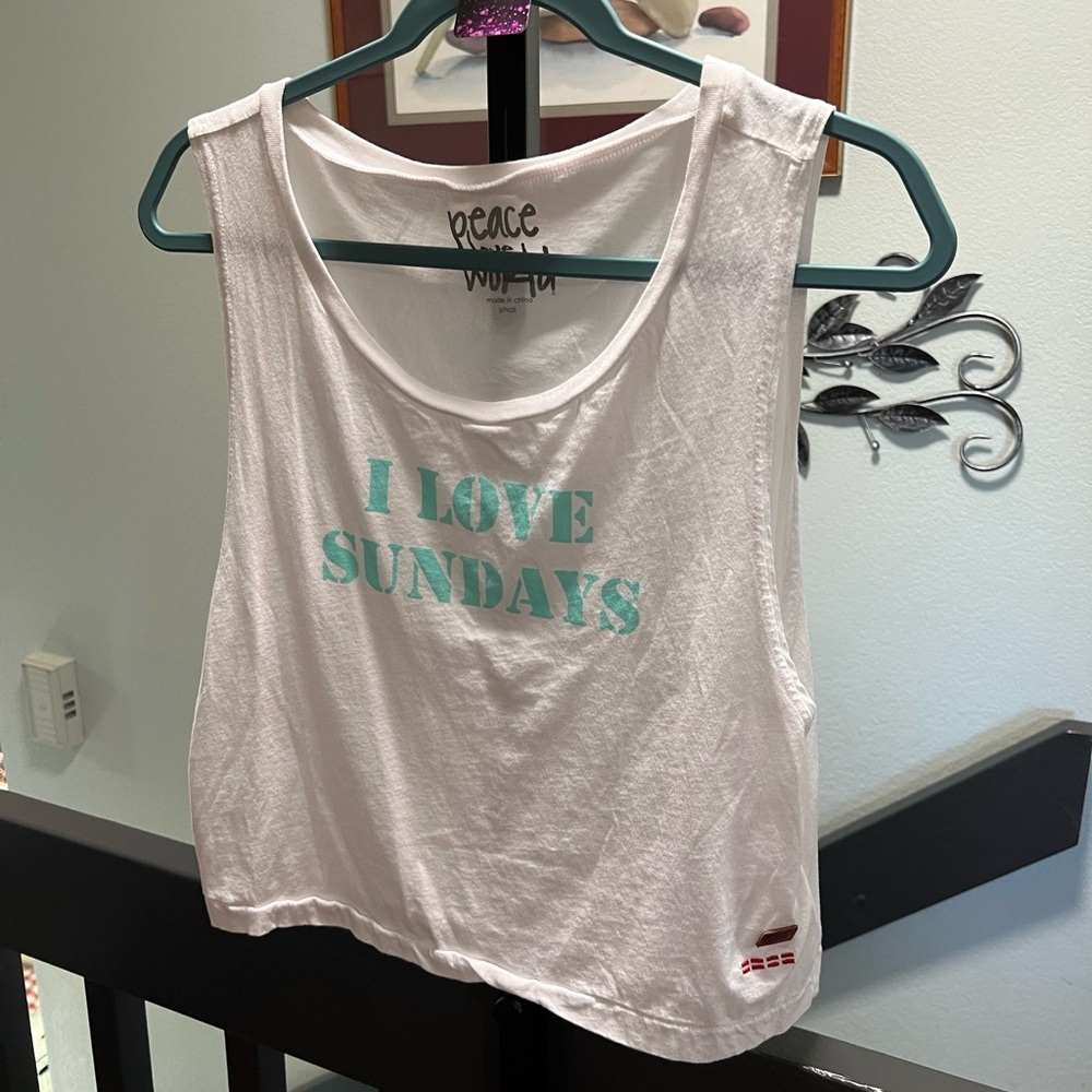 Peace Love World White and Blue Muscle Tee “ I LOVE SUNDAYS” #024